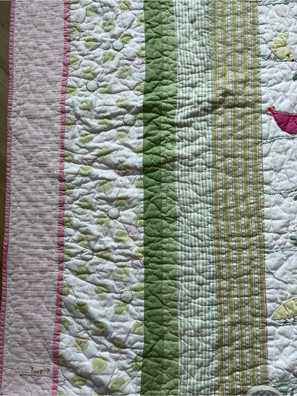 Pottery Barn Kids Tweet Bird Baby Quilt Pink Green 33" x 48" - Picture 7 of 12